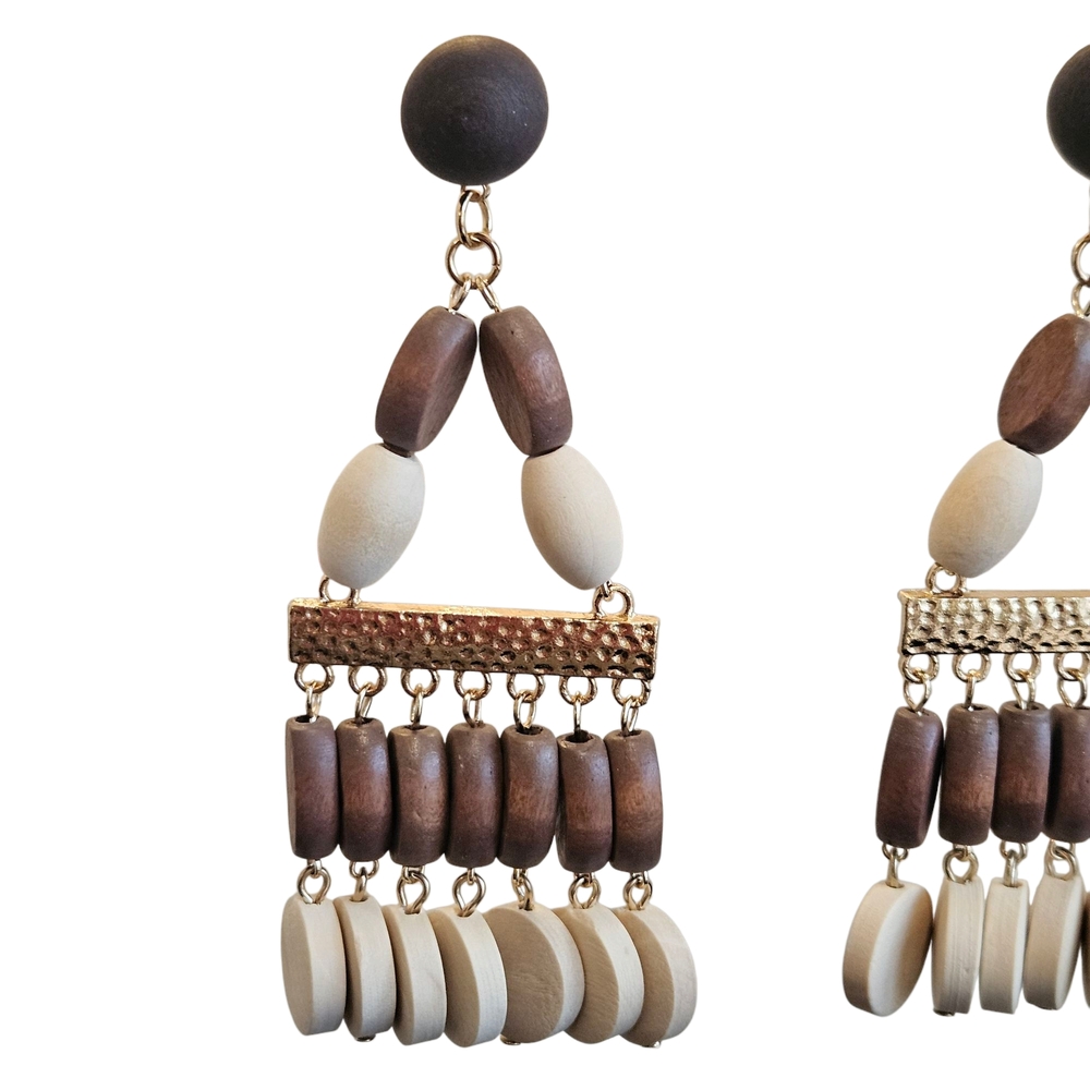 NWT - Gorgeous Boho Wooden Chandelier Earrings Multicolored - Picture 4 of 8